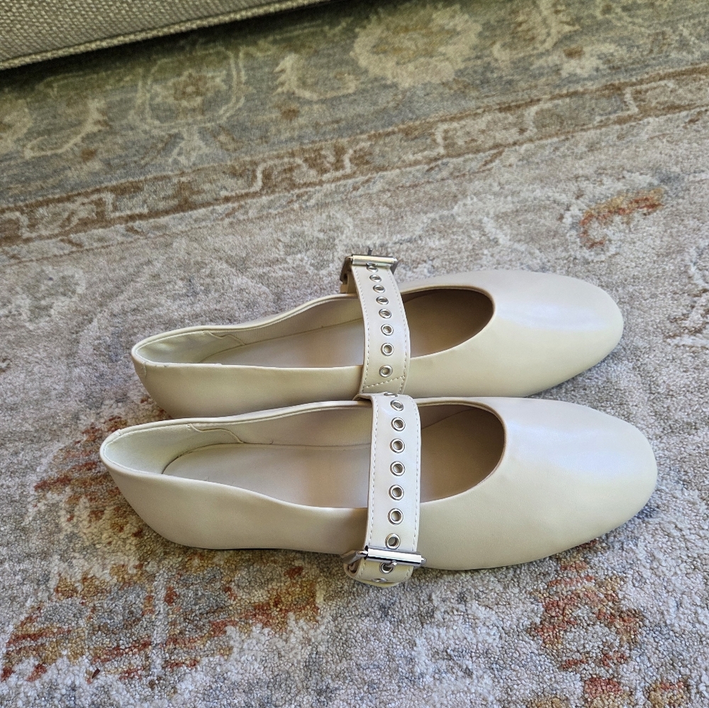 Zara Cream Mary Jane Flats with Studded Strap